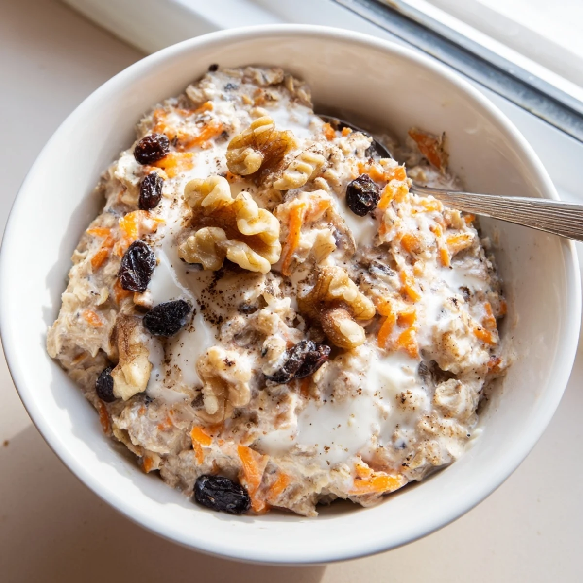 Creamy carrot cake overnight oats topped with walnuts in a glass jar ready to eat