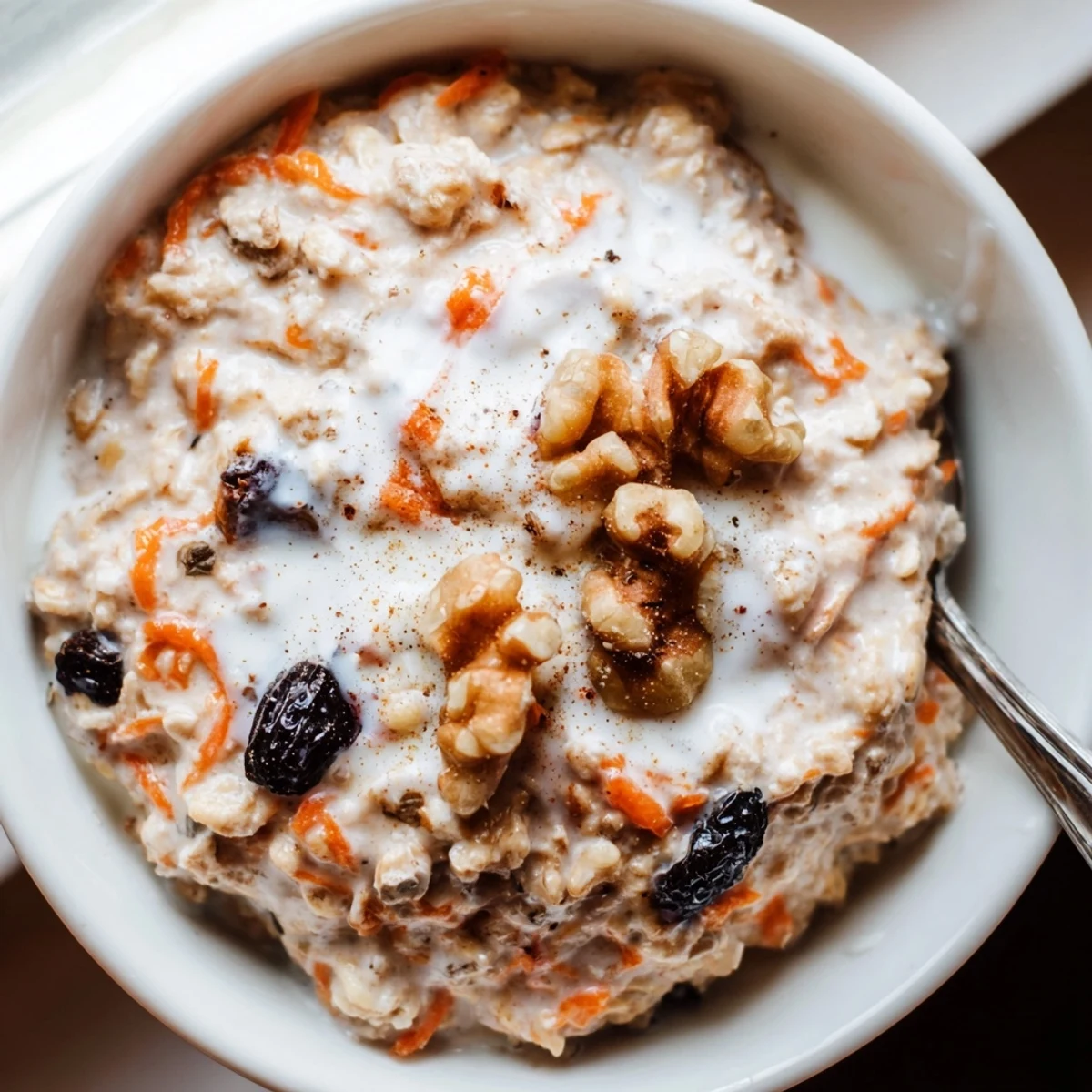 Carrot cake overnight oats with grated carrots raisins and spices chilled in mason jar