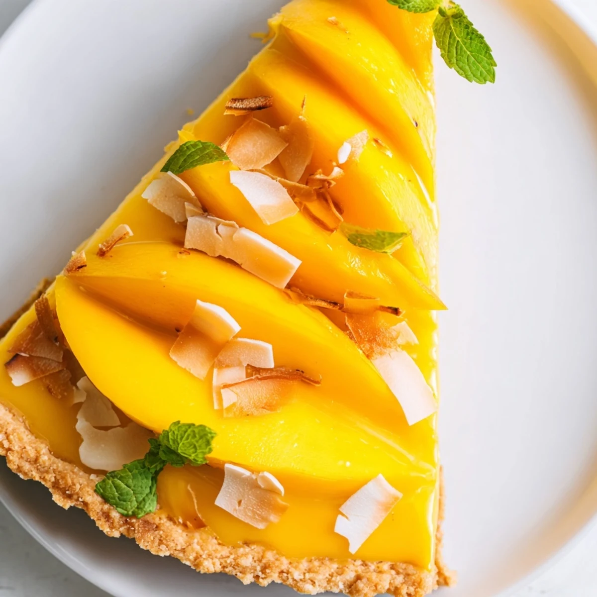 Golden mango curd tart sliced to reveal silky tropical filling in a buttery crust
