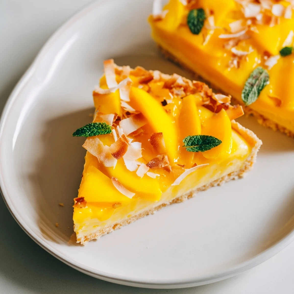 Vibrant yellow mango curd tart topped with fresh mango slices and toasted coconut flakes