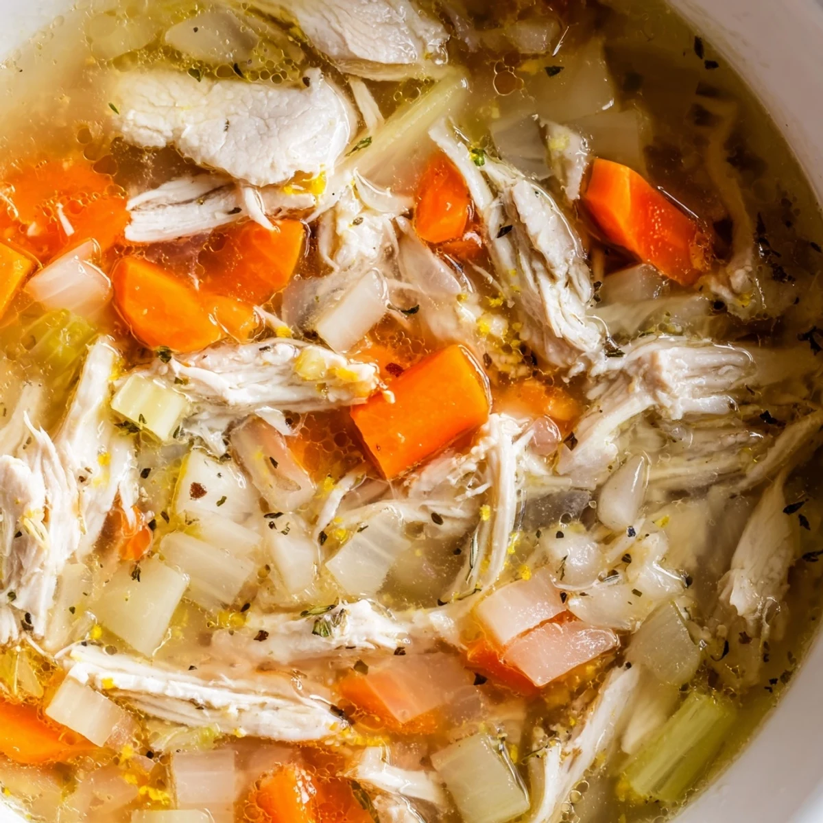 Steaming bowl of Crockpot Lemon Chicken Soup topped with fresh parsley garnish