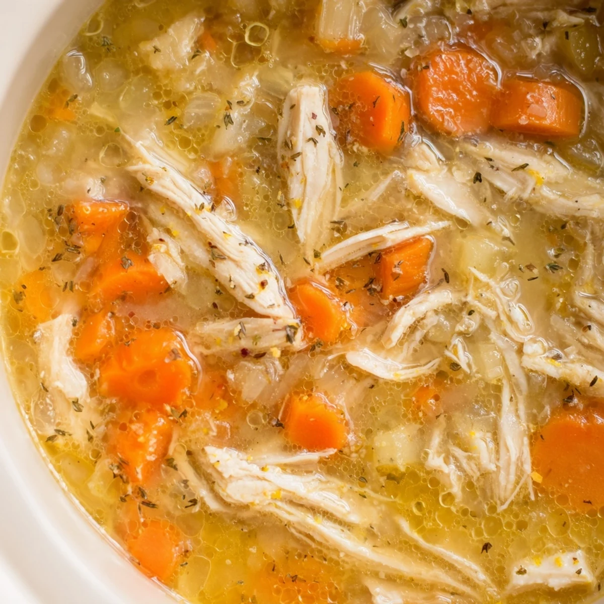 Crockpot Lemon Chicken Soup featuring tender shredded chicken and bright citrus broth