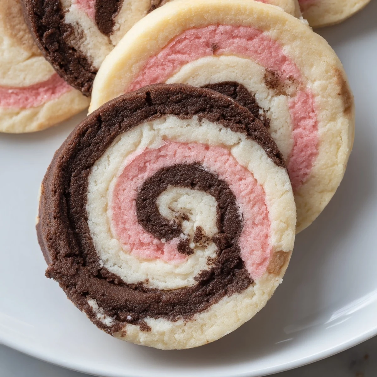 Neapolitan Swirl Cookies showcase tri-colored chocolate vanilla and strawberry spirals on rustic bakeware