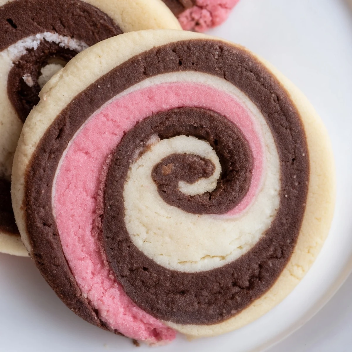 Soft Neapolitan Swirl Cookies with pink brown and cream pinwheel patterns fresh from oven