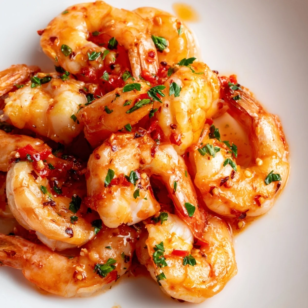 Sizzling garlic paprika shrimp skillet with pink succulent shrimp in smoky seasoned oil