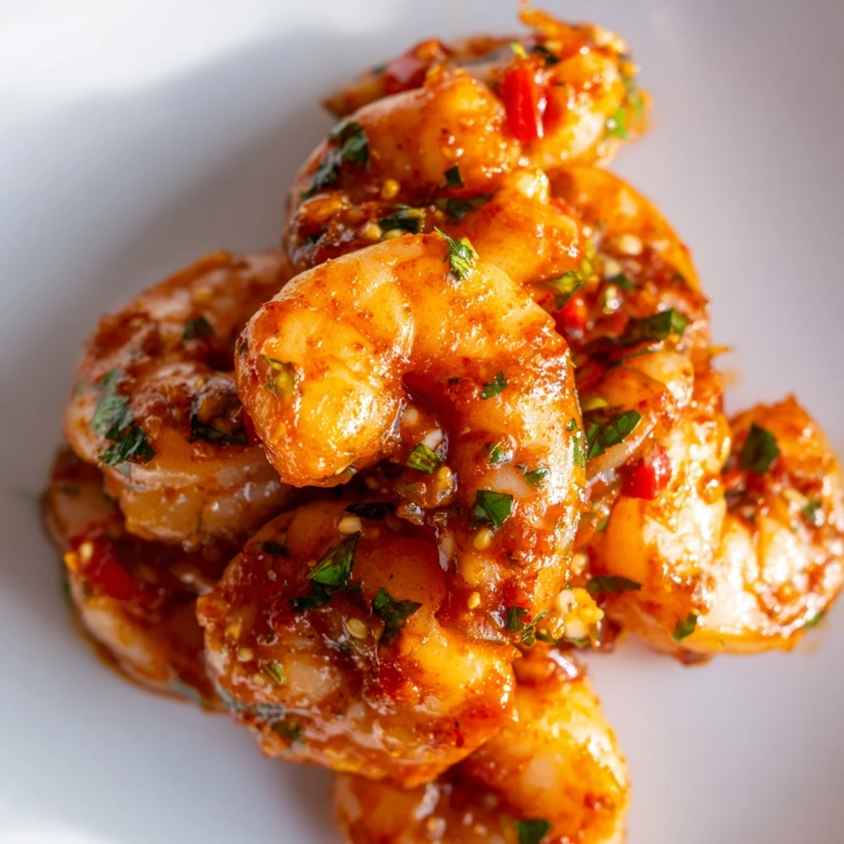 Golden garlic paprika shrimp skillet garnished with fresh parsley and bright lemon wedges