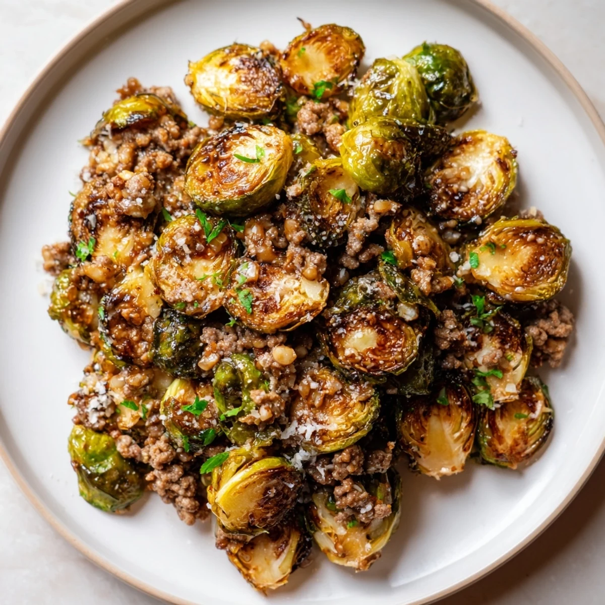 Golden brown ground beef and Brussels sprouts sizzle in a cast iron skillet