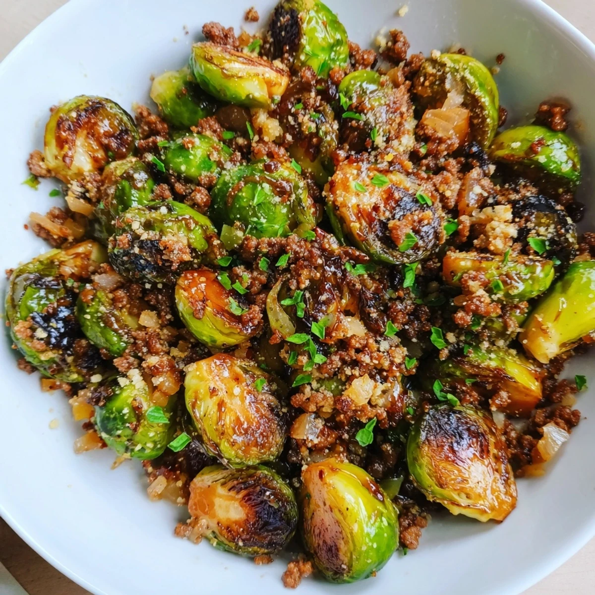 Savory ground beef mixed with tender caramelized Brussels sprouts on a white plate