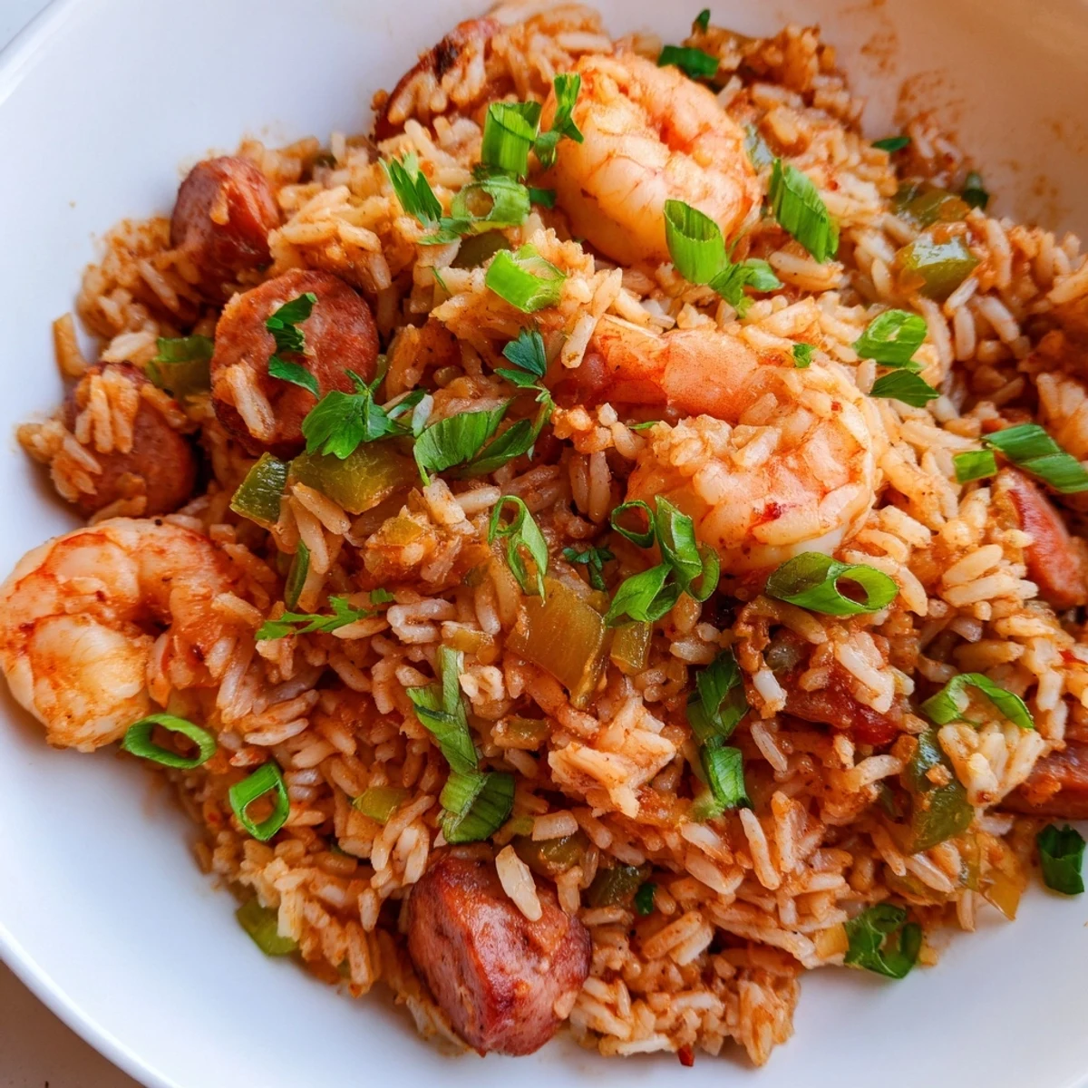Golden shrimp and sausage dirty rice topped with fresh scallions and parsley garnish