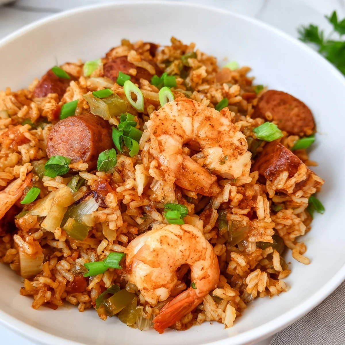 Hearty shrimp and sausage dirty rice in a cast iron skillet with Creole spices