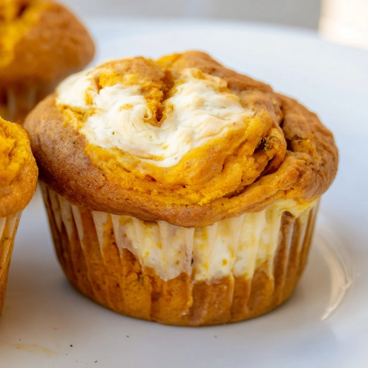 Warm Chai Pumpkin Cheesecake Muffins topped with a creamy cinnamon-cardamom swirl, fresh from the oven