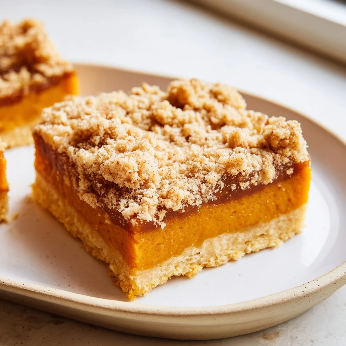 Golden brown sugar maple pumpkin butter bars with crumbly streusel on a rustic baking sheet