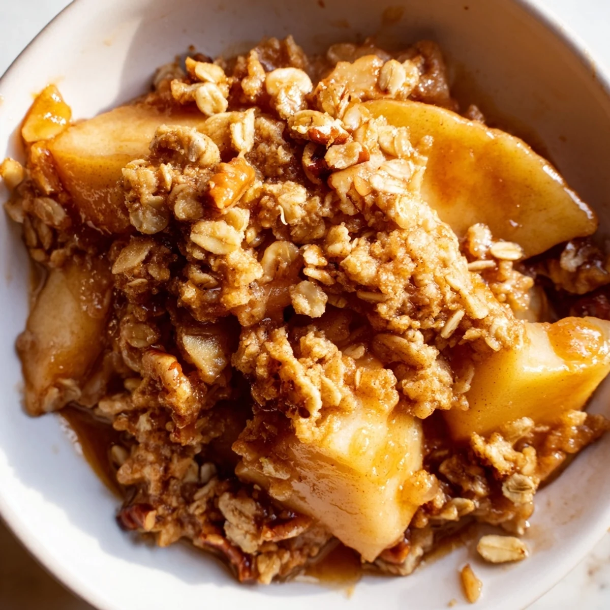 Warm Crockpot Apple Crisp served in a bowl with melting vanilla ice cream on top