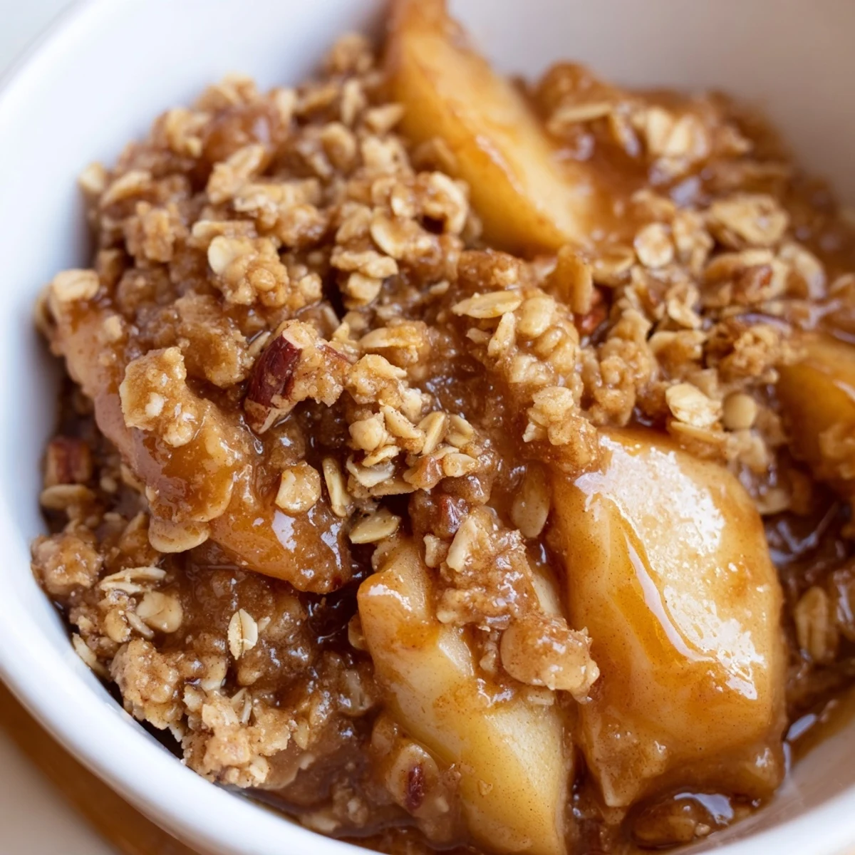 Creamy whipped cream melting over a spoonful of homemade Crockpot Apple Crisp dessert