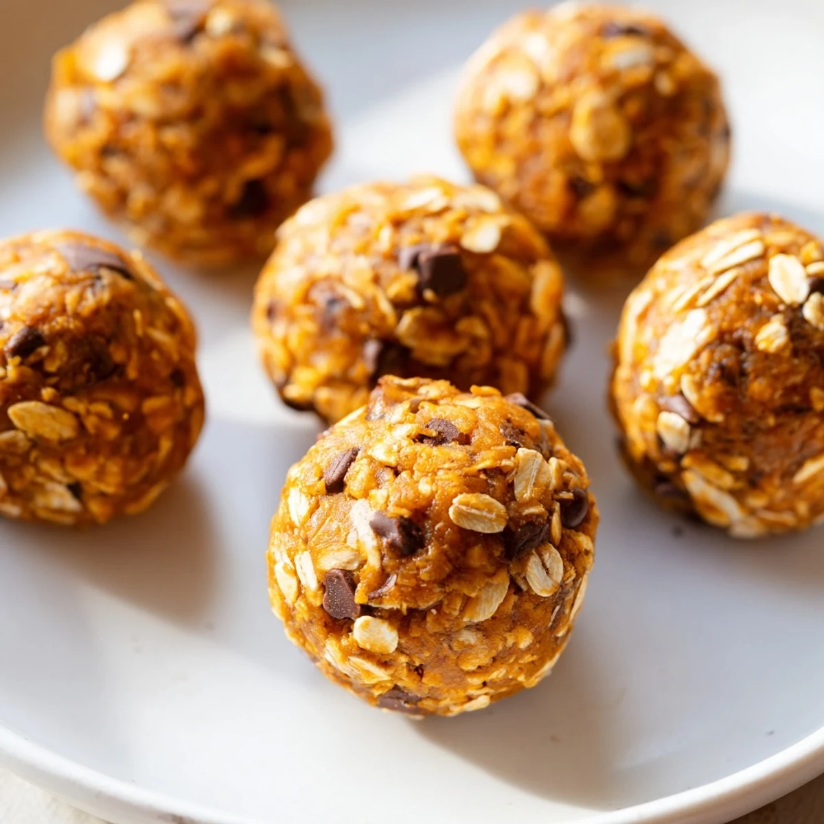 Golden no bake pumpkin protein balls dotted with chocolate chips on parchment paper