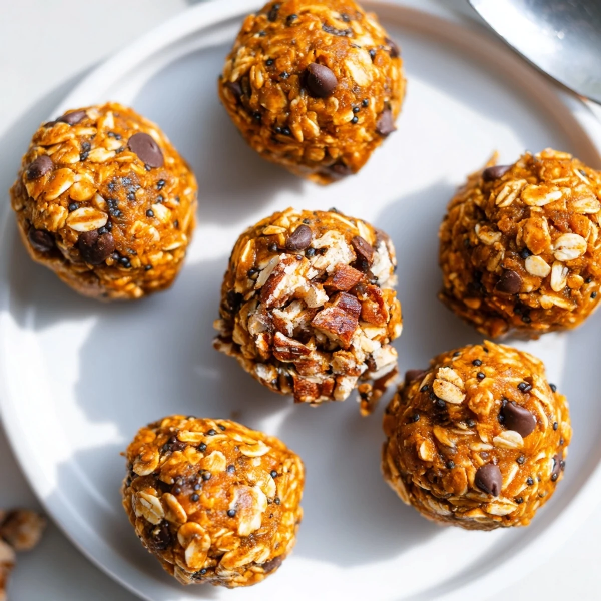 No bake pumpkin protein balls coated in cinnamon spice arranged on a rustic wooden board