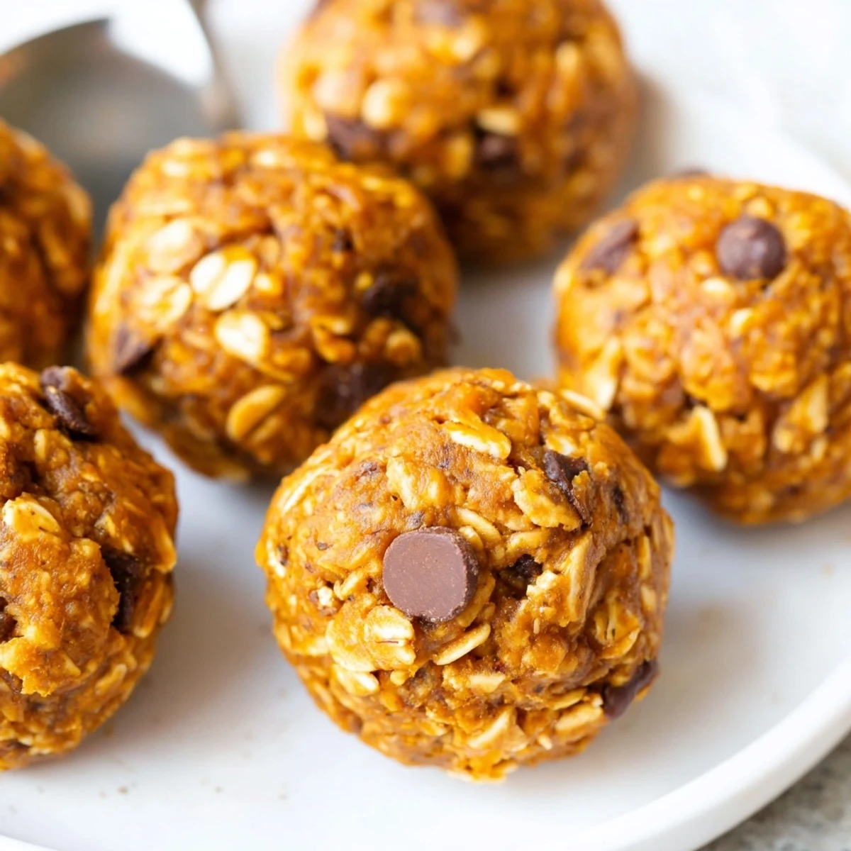 Creamy no bake pumpkin protein balls rolled in chopped pecans stacked in a glass jar