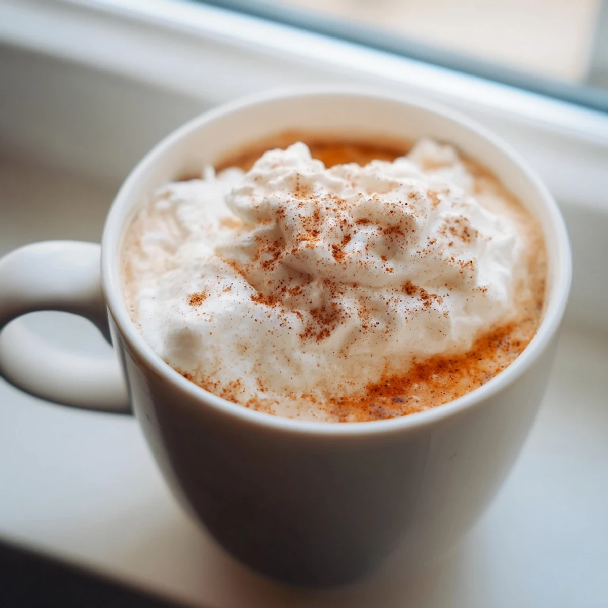 Steaming mug of homemade pumpkin spice latte with frothy milk foam