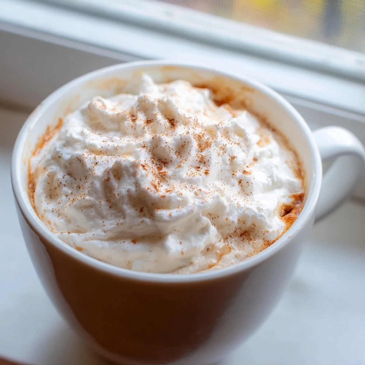 Creamy homemade pumpkin spice latte topped with whipped cream and cinnamon dust