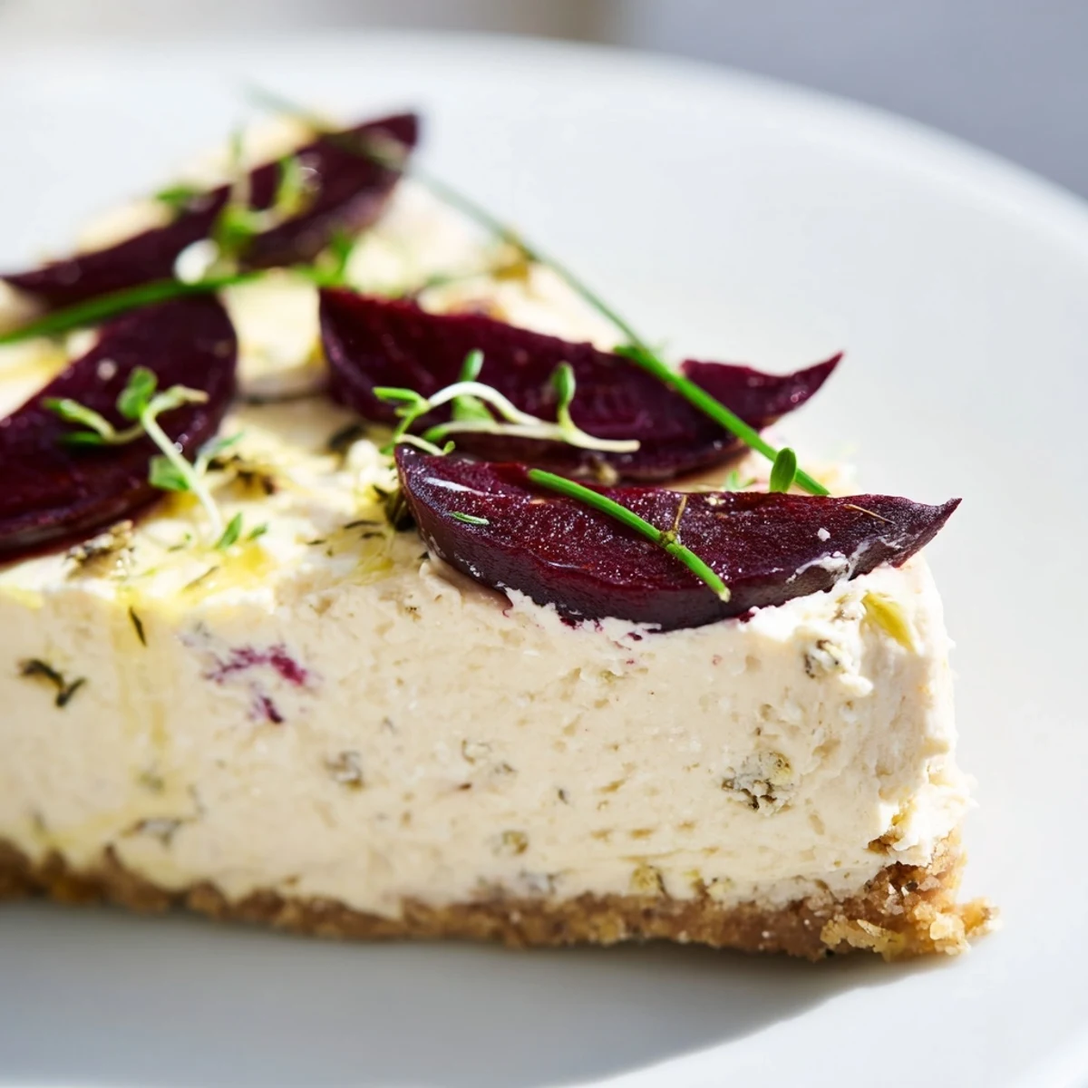 Savoury cheesecake with roasted beetroot sliced on a rustic white serving plate