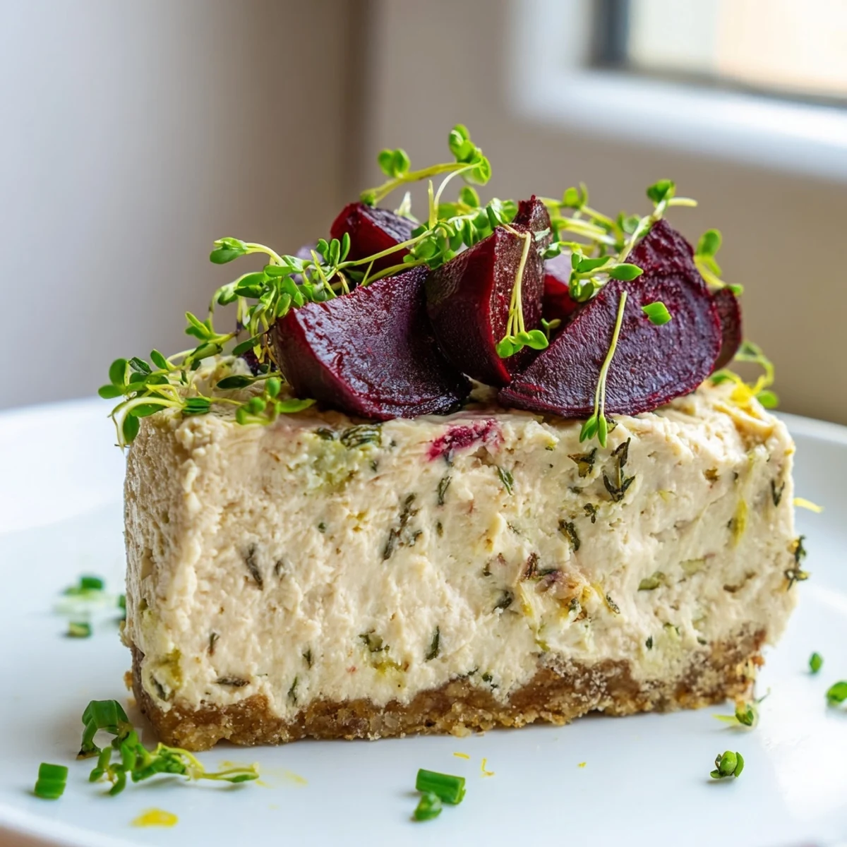 Creamy savoury cheesecake with roasted beetroot topped with fresh herbs and microgreens