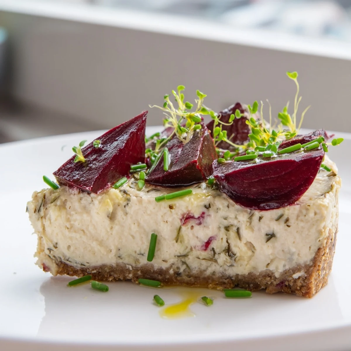 Golden-crusted savoury cheesecake with roasted beetroot drizzled with olive oil and chives
