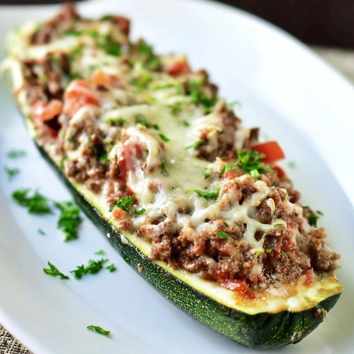 Golden baked stuffed zucchini boats with ground beef and melted mozzarella