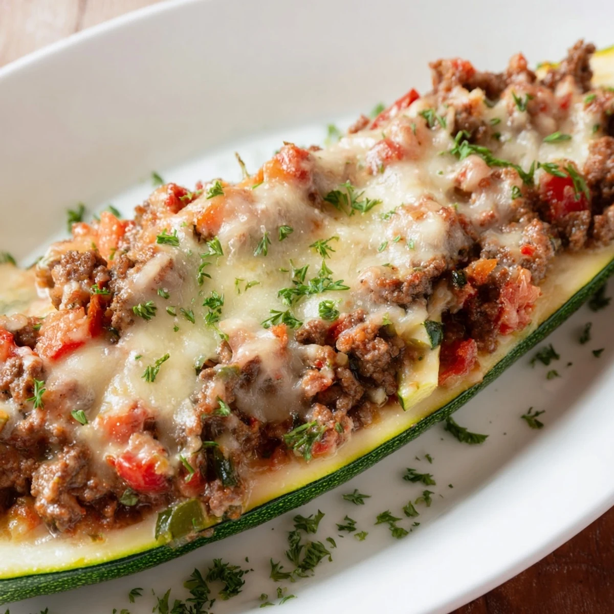 Savory ground beef stuffed zucchini boats topped with bubbly browned cheese