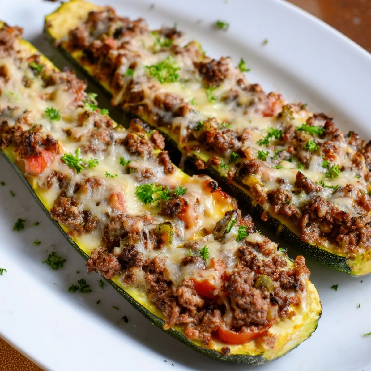 Tender zucchini halves filled with seasoned ground beef and Parmesan cheese