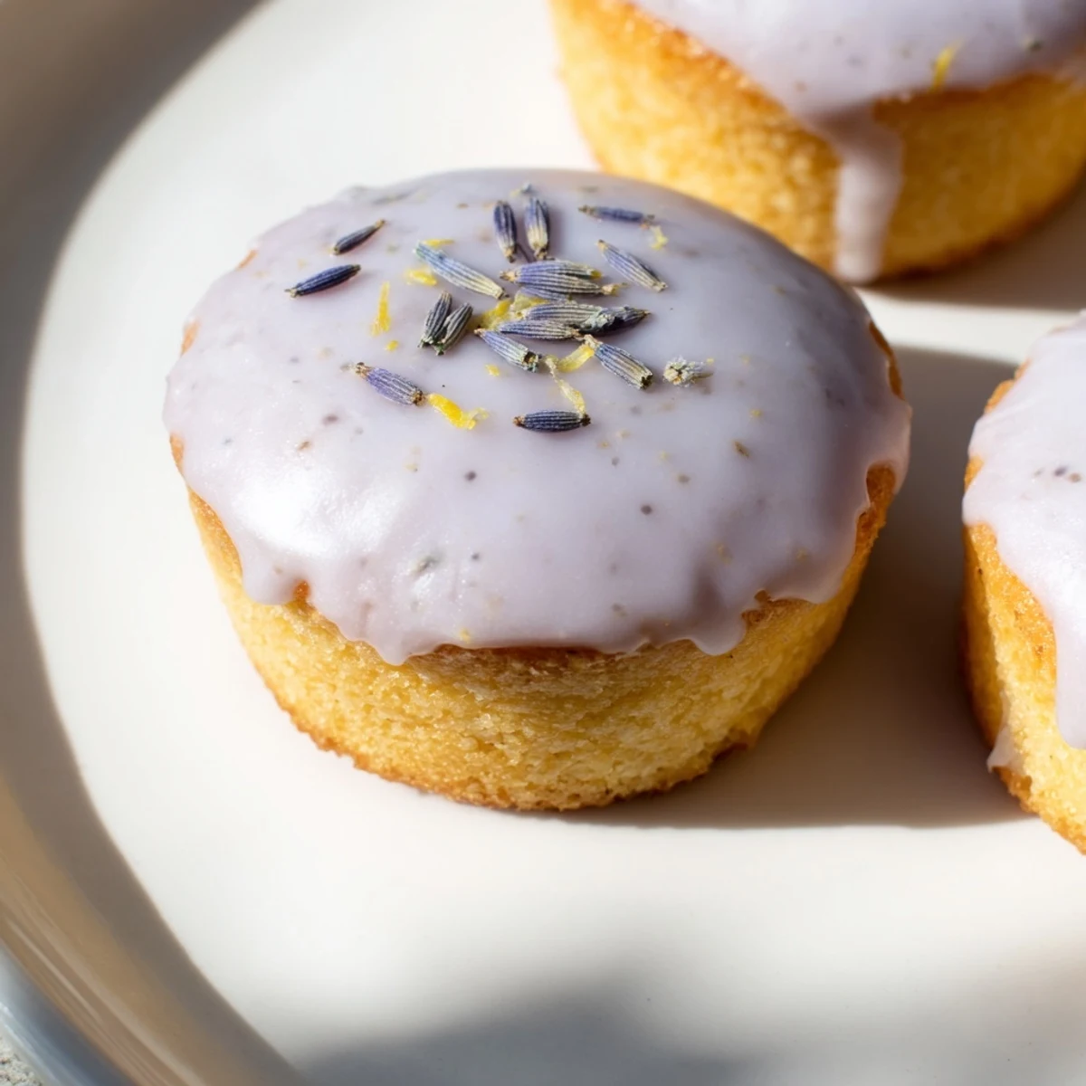Tender mini lemon cakes topped with floral lavender glaze on a cake stand