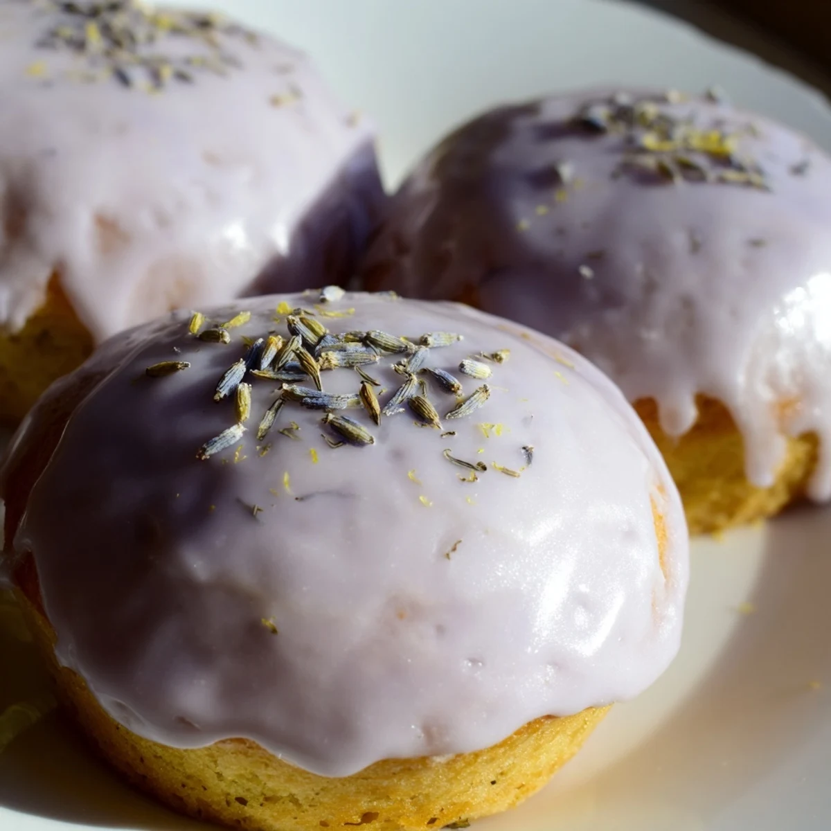 Golden mini lemon cakes with lavender glaze drizzled over a wire rack