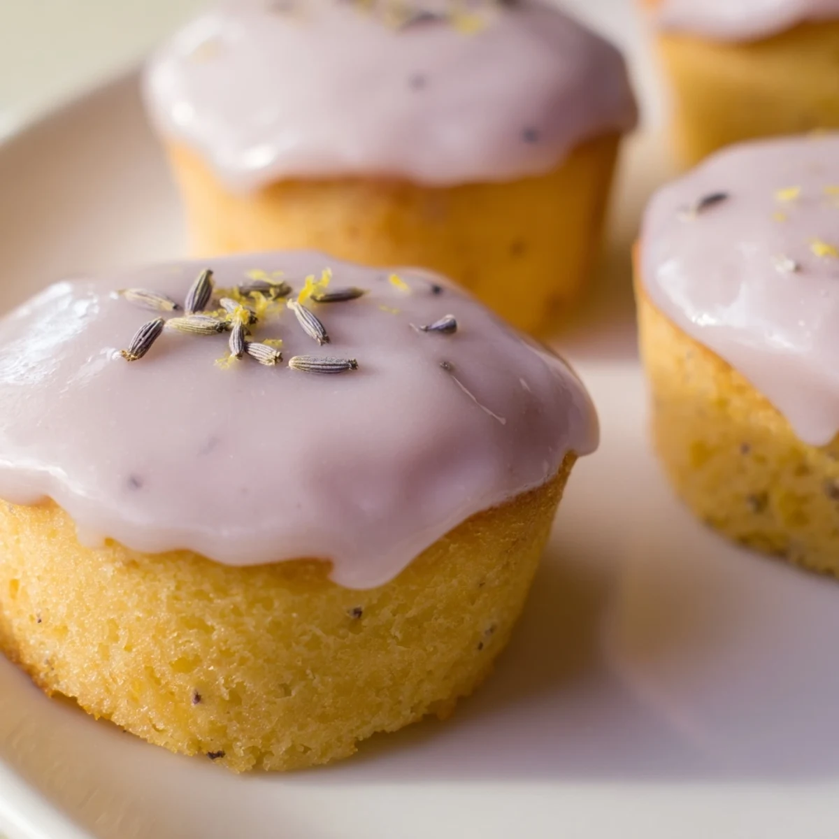 Mini lemon cakes with purple lavender glaze served alongside a cup of tea