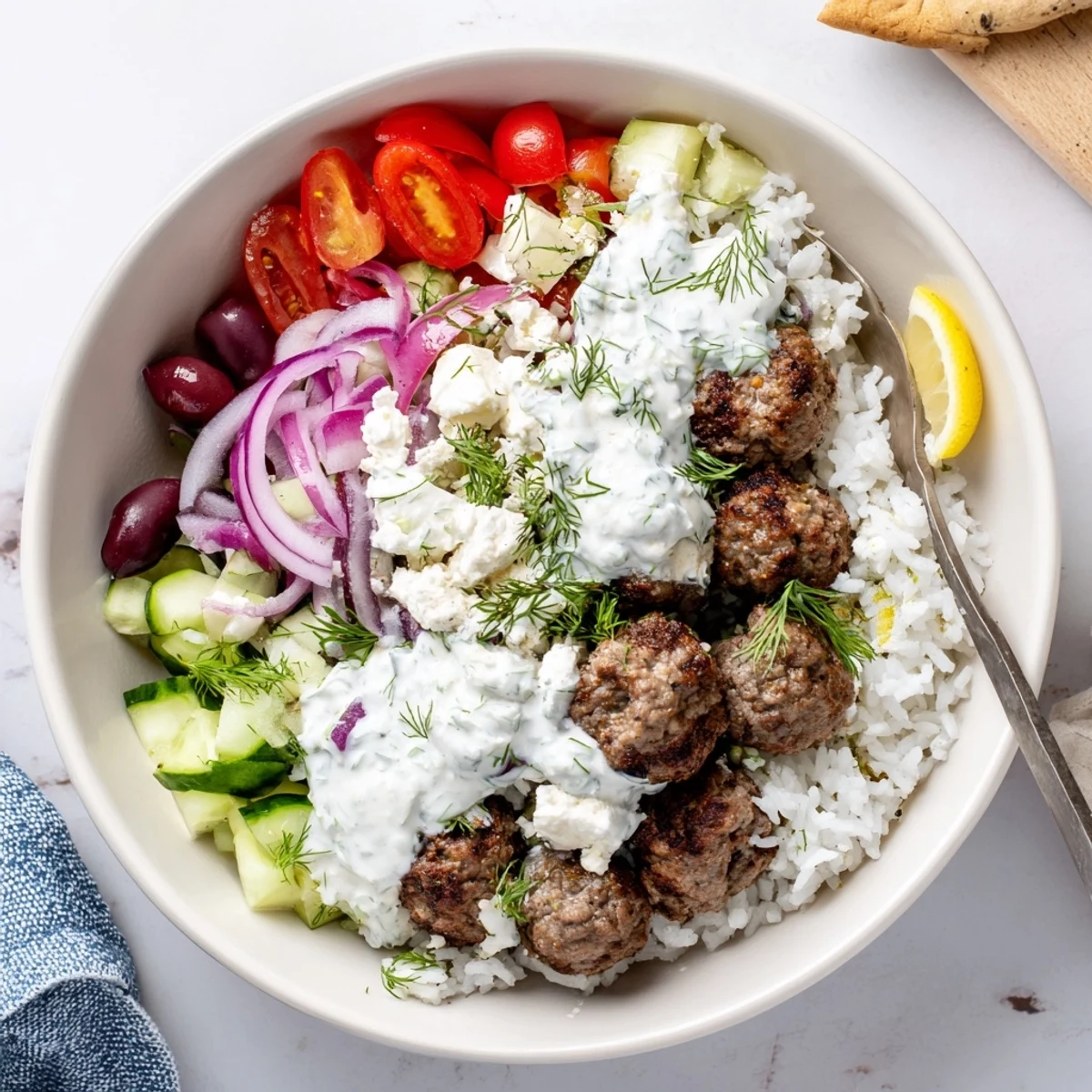 Juicy golden Greek meatball bowl drizzled with creamy tzatziki over fluffy rice