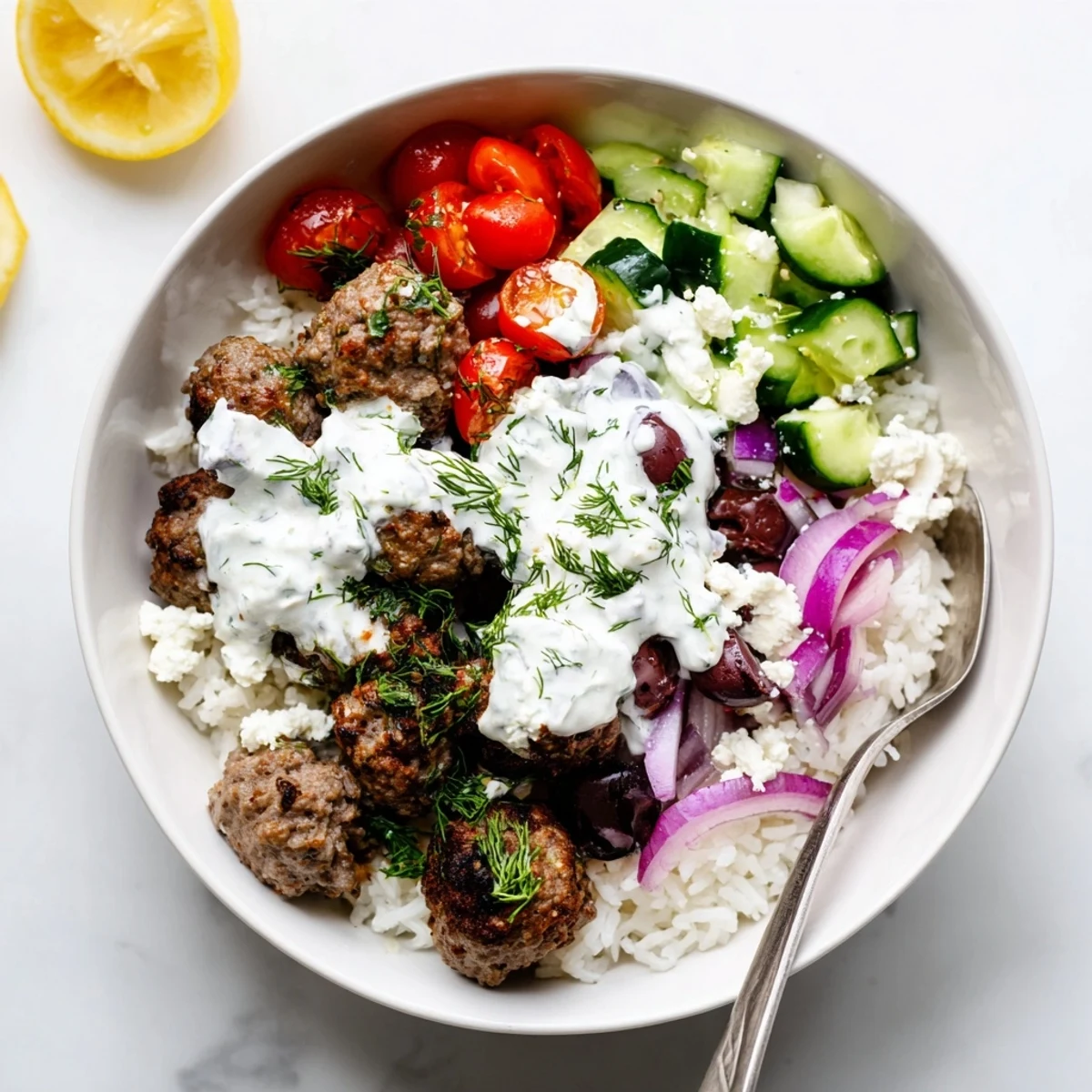 Crisp cucumbers and crumbled feta surround herb-spiced Greek meatball bowl on a plate