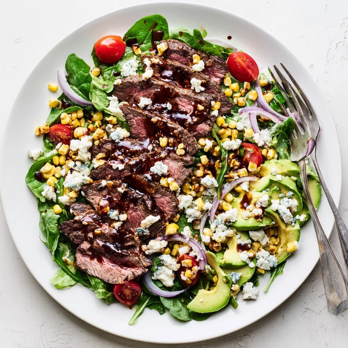 Sliced balsamic steak arranged over a vibrant Gorgonzola salad with charred grilled corn