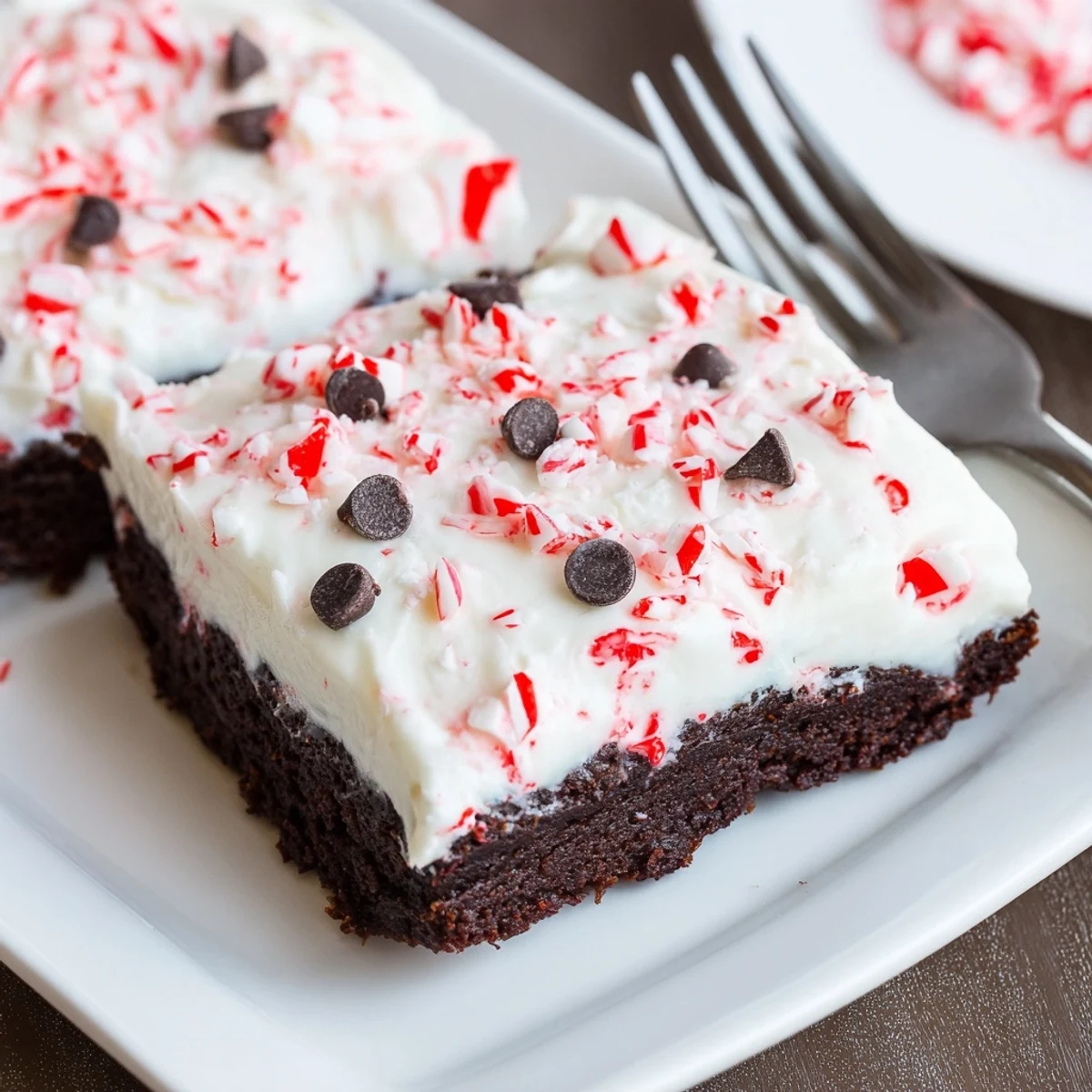 Peppermint Poke Cake chilled on festive plate, topped with chocolate shavings