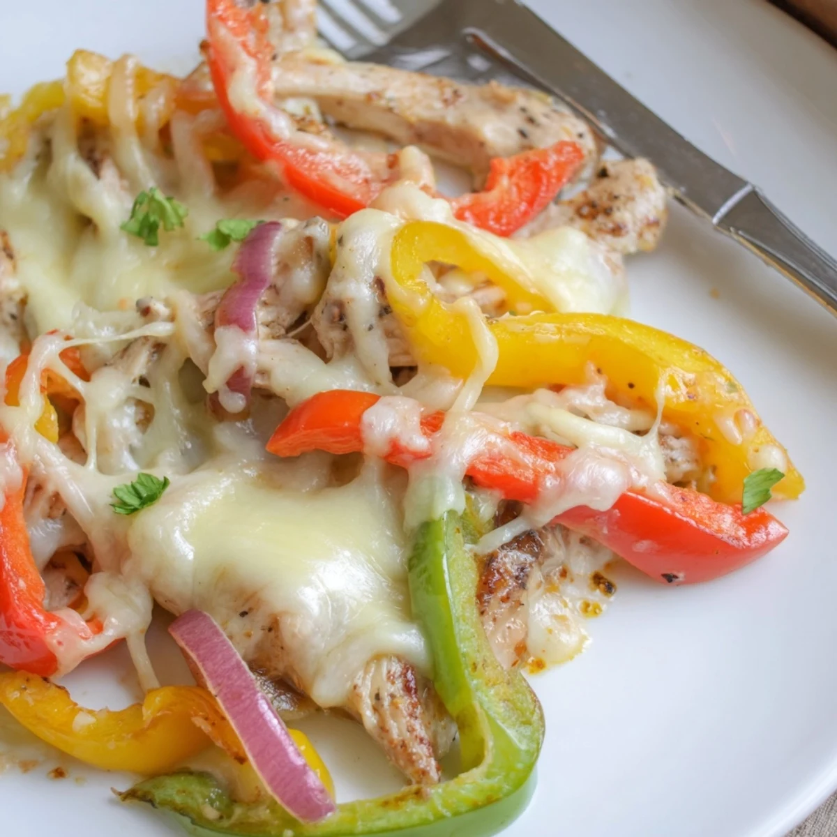 Cheesy Baja Chicken Bell Pepper Skillet sizzling with melted cheese and colorful peppers