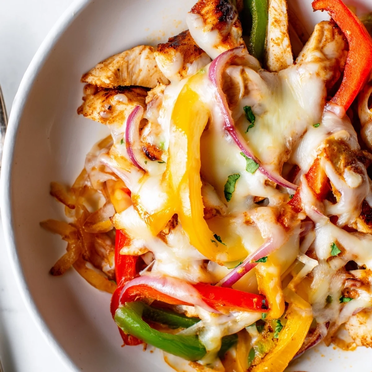 Hot Cheesy Baja Chicken Bell Pepper Skillet topped with bubbly cheese and cilantro