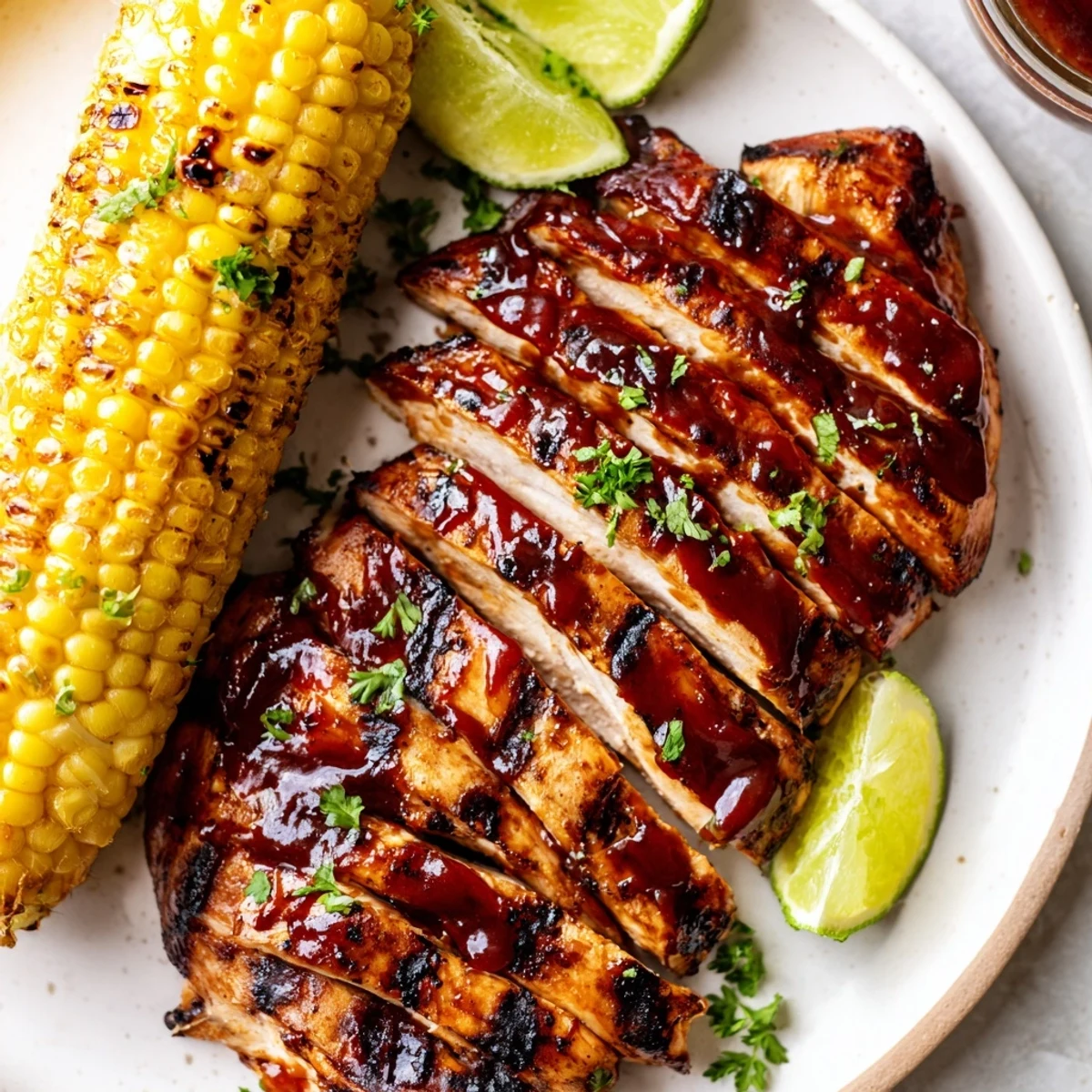 BBQ Chicken With Corn glistening with sauce, charred kernels and lime wedges
