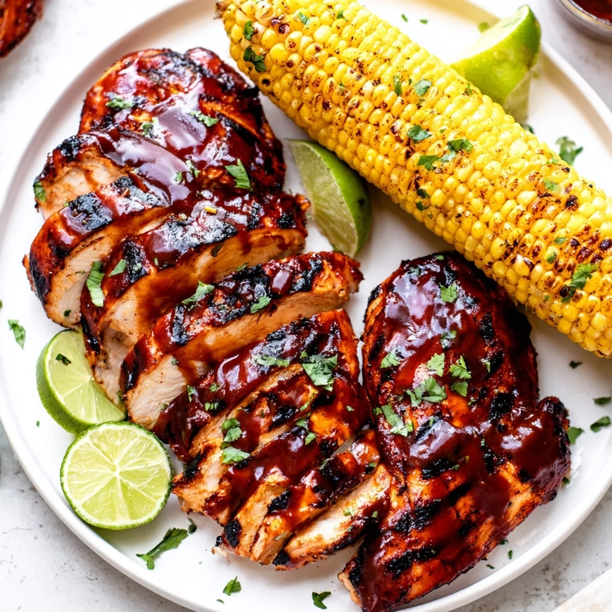 Grilled BBQ Chicken With Corn plated beside tangy barbecue sauce and parsley