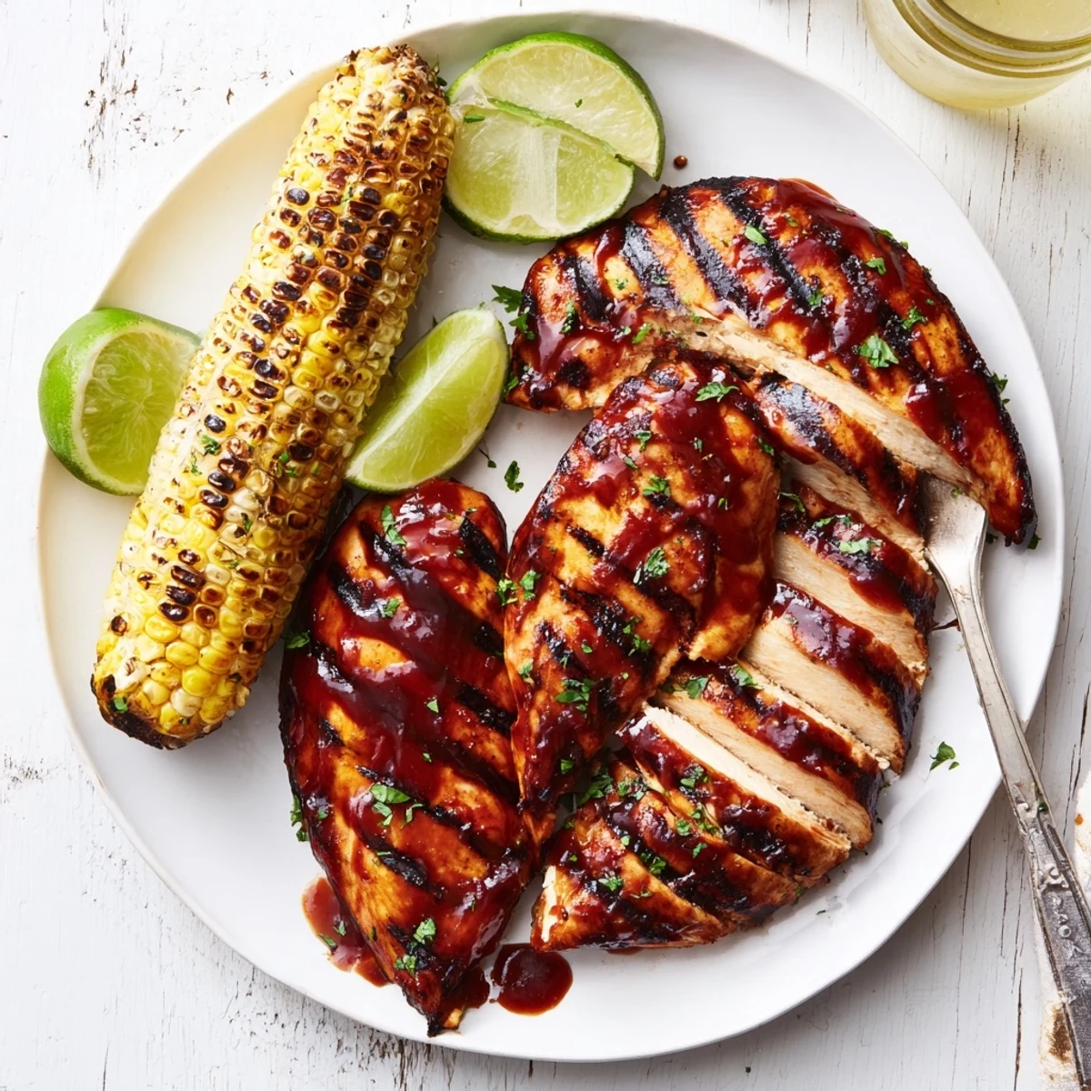 Family-style BBQ Chicken With Corn served hot, smoky chicken and sweet corn