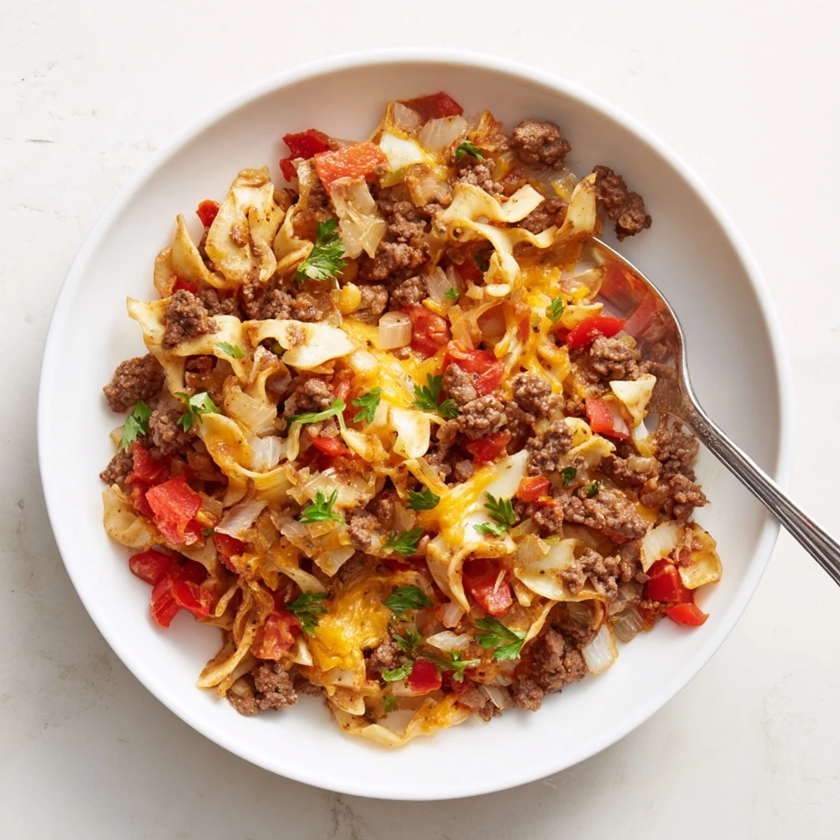 Hearty Beef Noodle Casserole baked golden, served steaming with garlic bread