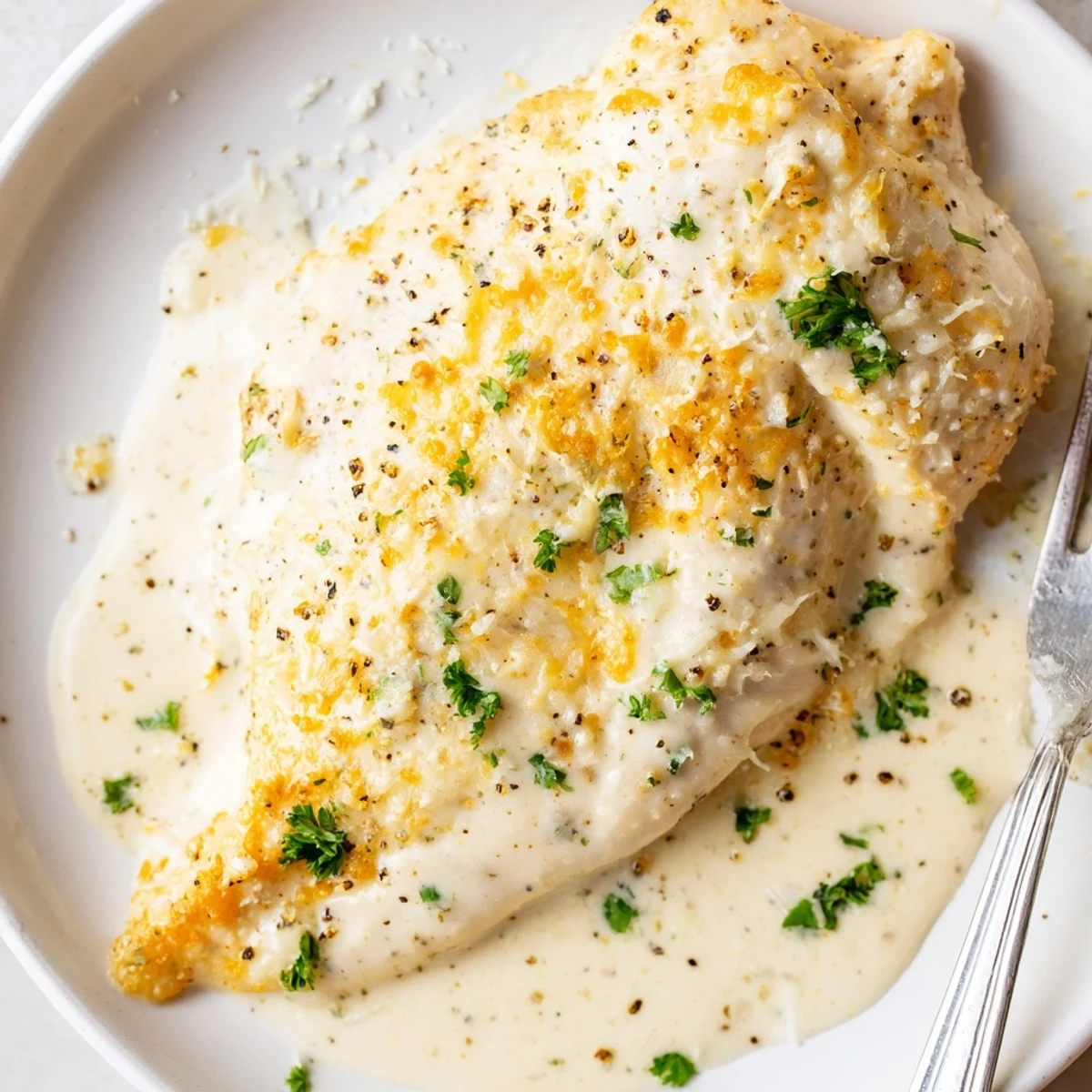 Caesar Chicken Recipe with golden baked chicken, creamy sauce and parmesan crust
