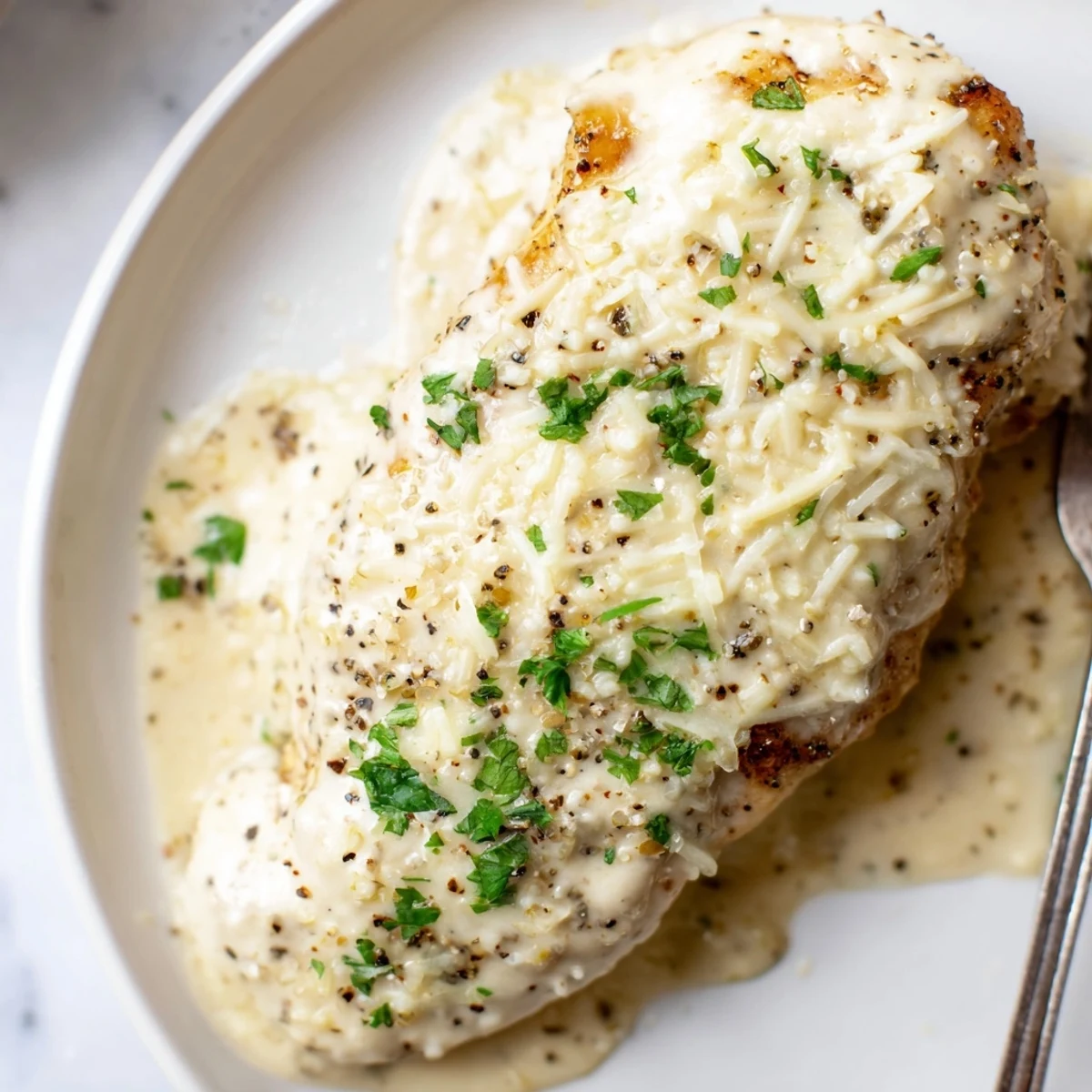 Slices of juicy Caesar Chicken Recipe resting, Parmesan melting, great with roasted vegetables