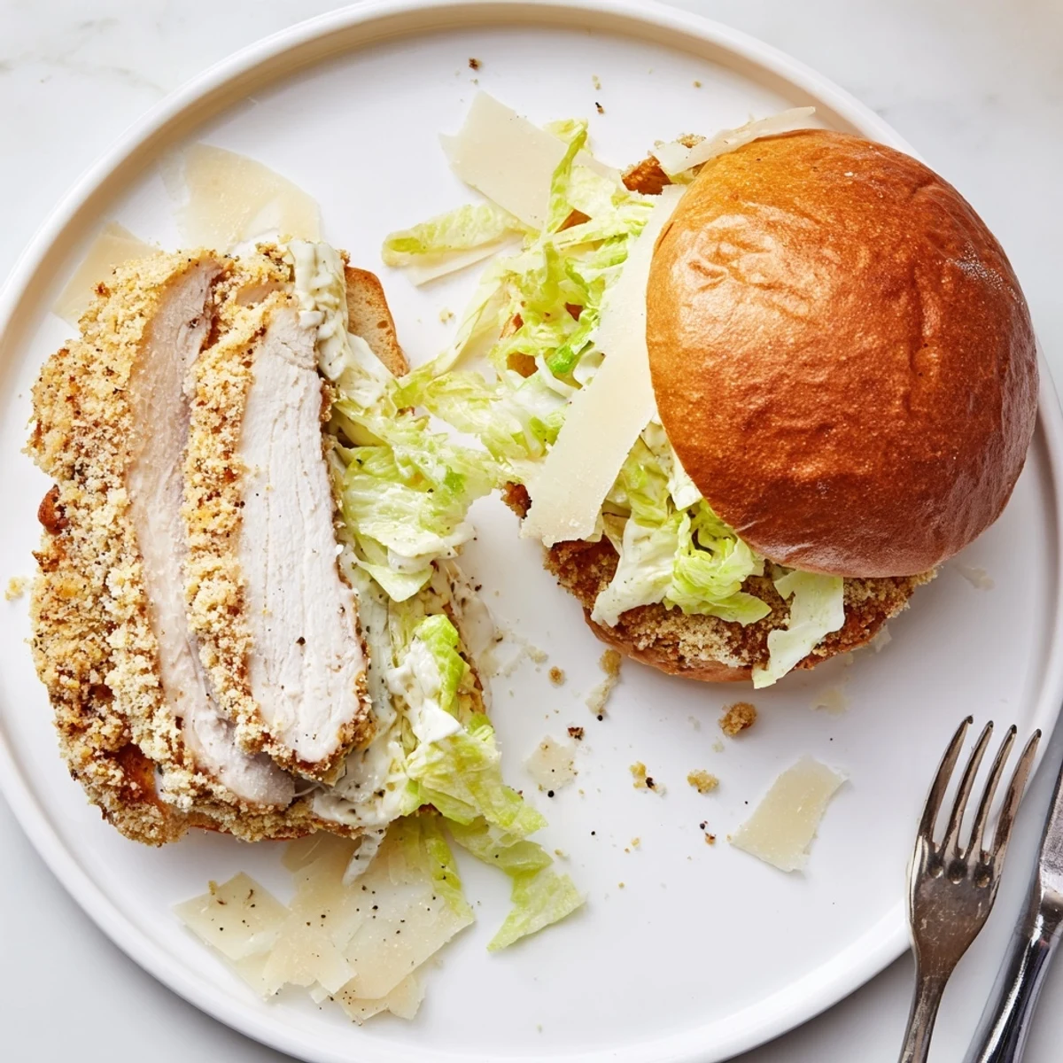 Skillet fried Crispy Chicken Caesar Sandwich Recipe served with lemon wedge and fries