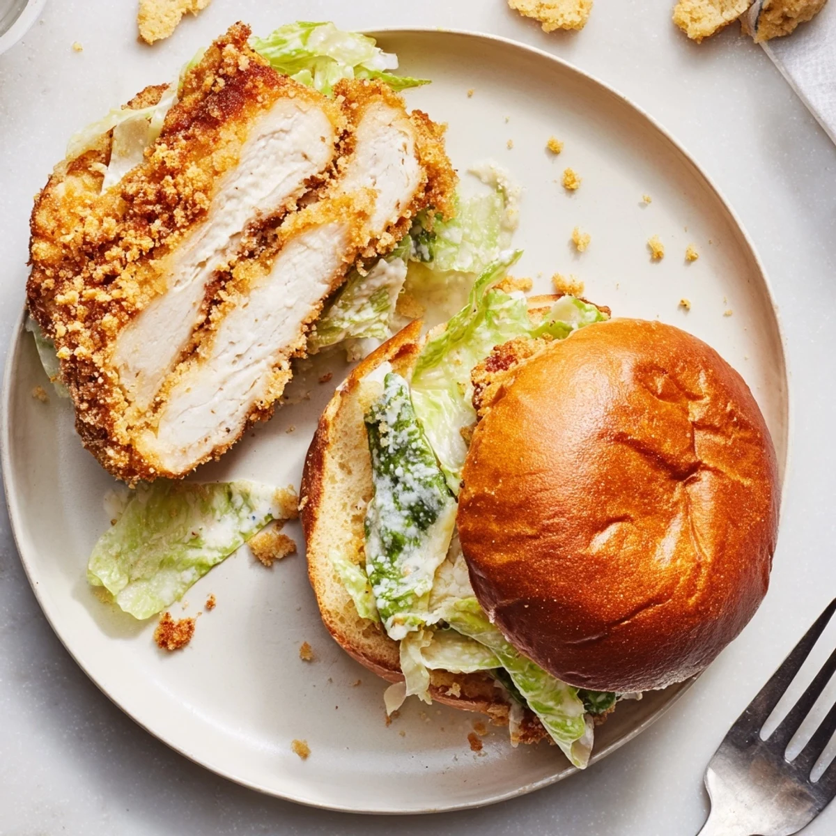 Warm Crispy Chicken Caesar Sandwich Recipe piled with crunchy romaine and shaved Parmesan