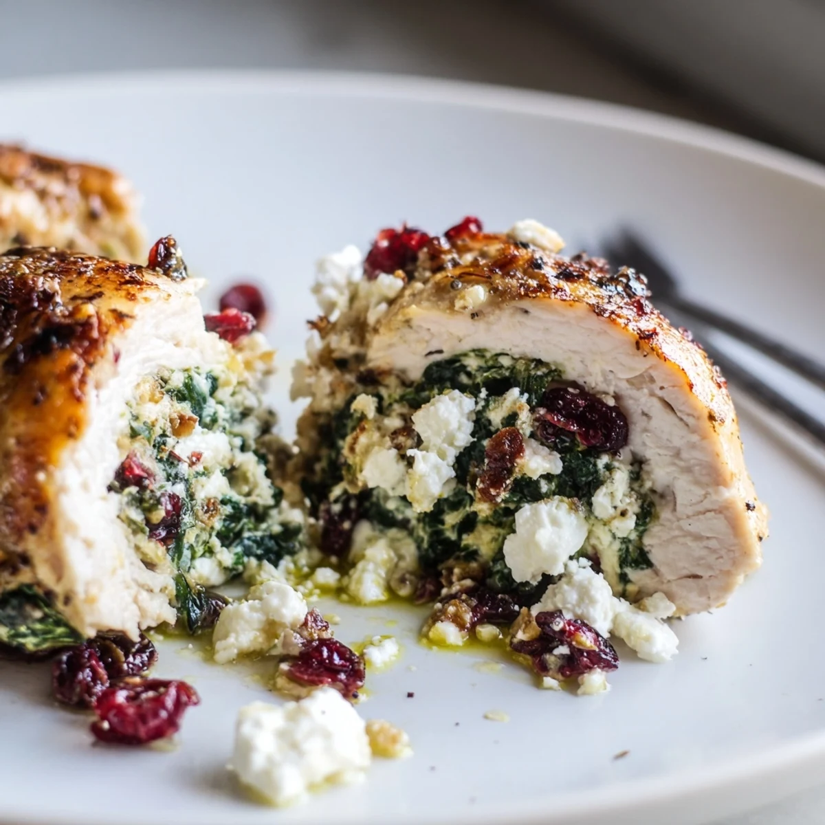 Juicy Cranberry Spinach Stuffed Chicken Breasts sliced to reveal warm, savory and sweet filling