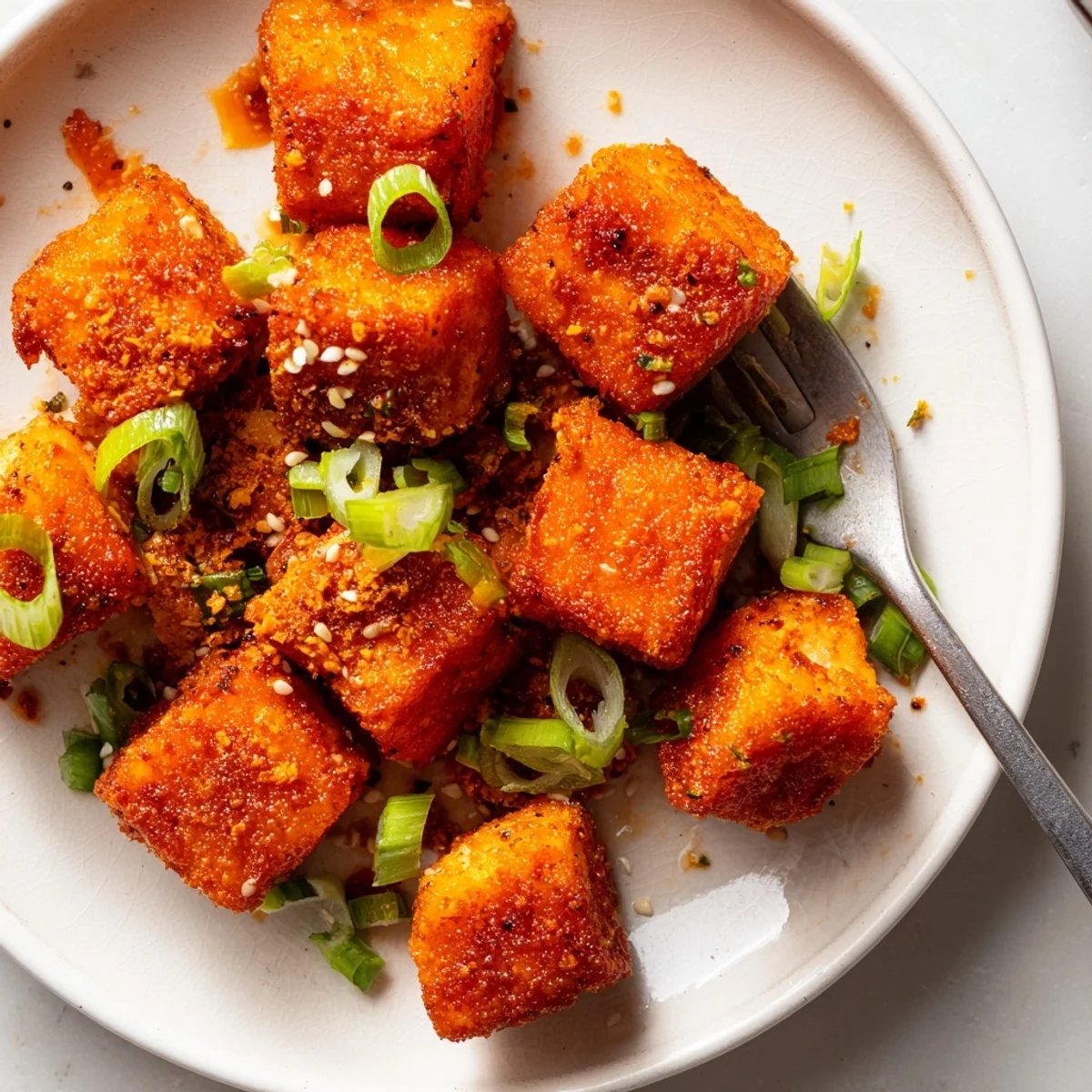 Bang Bang Salmon Bites Recipe: golden, crispy cubes tossed in creamy spicy sauce