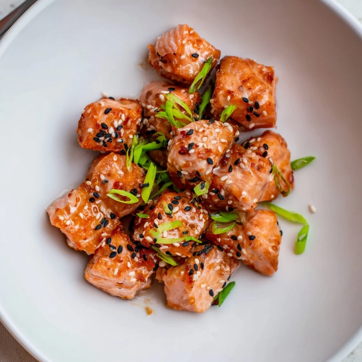Sticky, sweet-spicy Bang Bang Salmon Bites Recipe topped with scallions, sesame