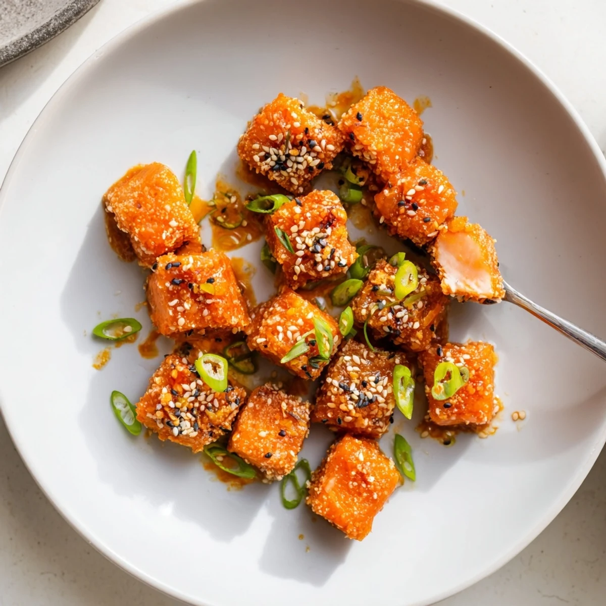 Crispy pan-fried Bang Bang Salmon Bites Recipe served over jasmine rice